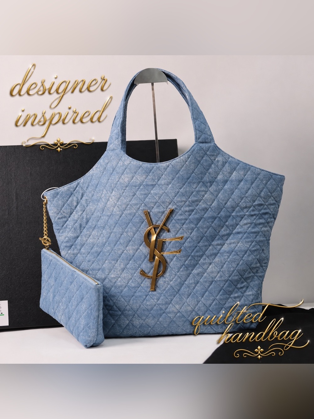Boutique Luxe | Quilted Denim - blue Tote w/ Gold Logo Accent